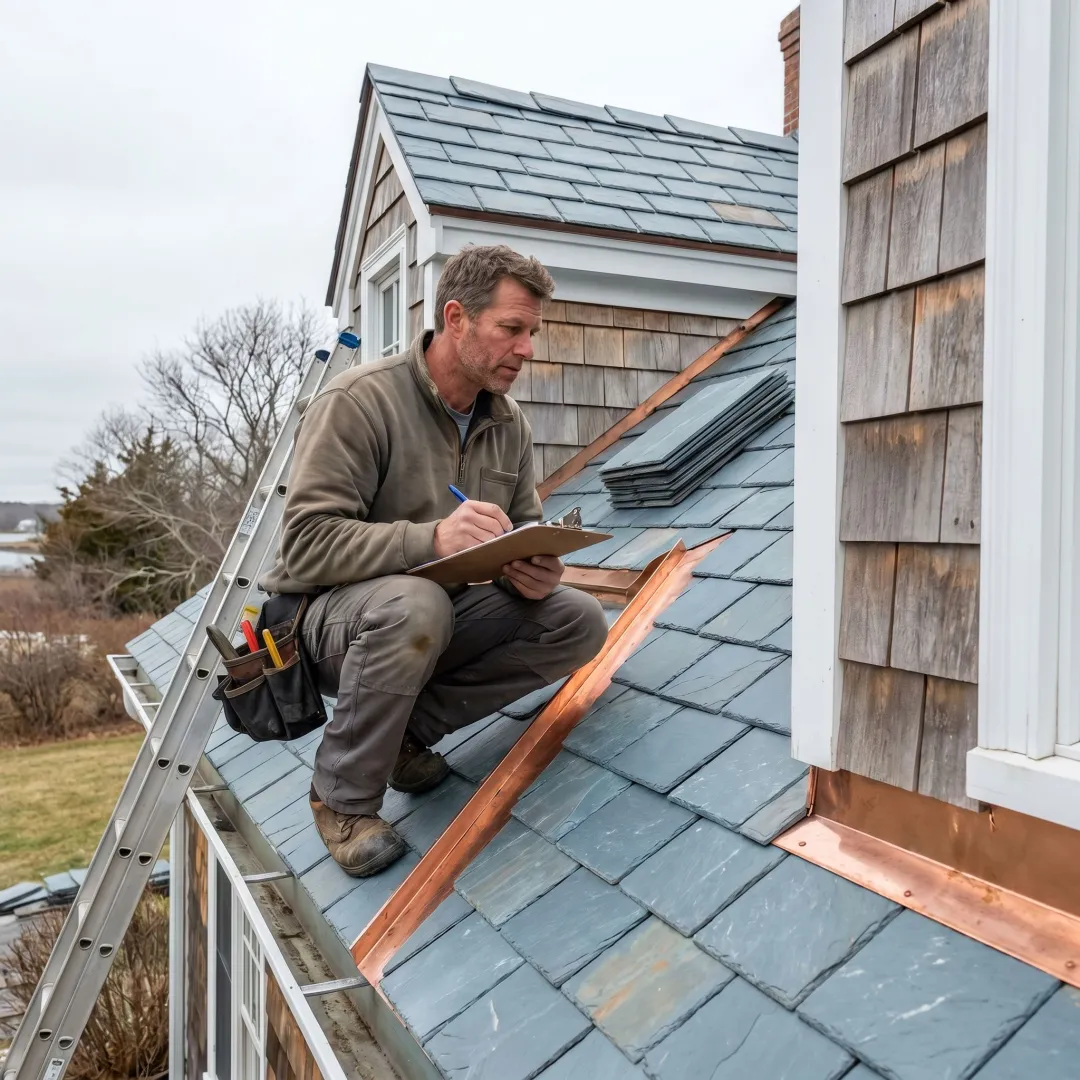 Roofing contractor inspecting slate roof tiles