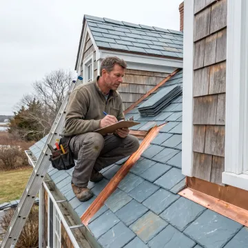 Roofing contractor inspecting slate roof tiles