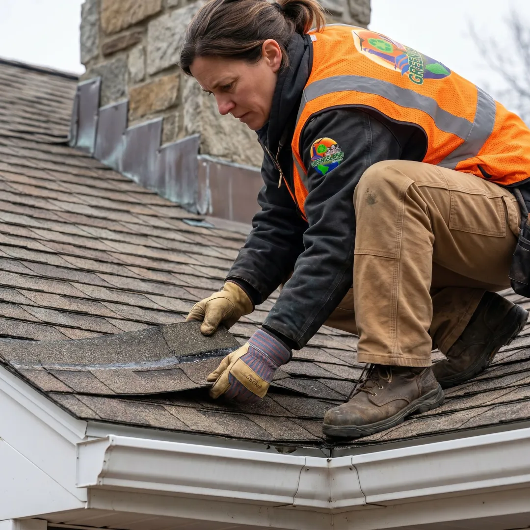 Roofing contractor inspecting shingle roof before repairs