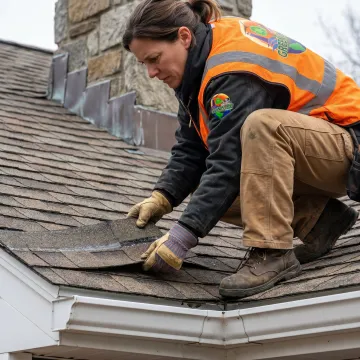 Roofing contractor inspecting shingle roof before repairs