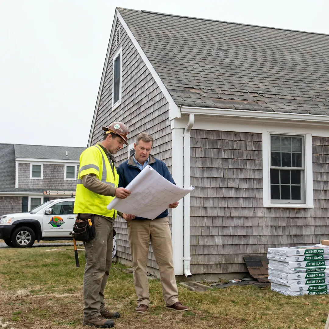 Contractor reviewing roof installation plans with homeowner