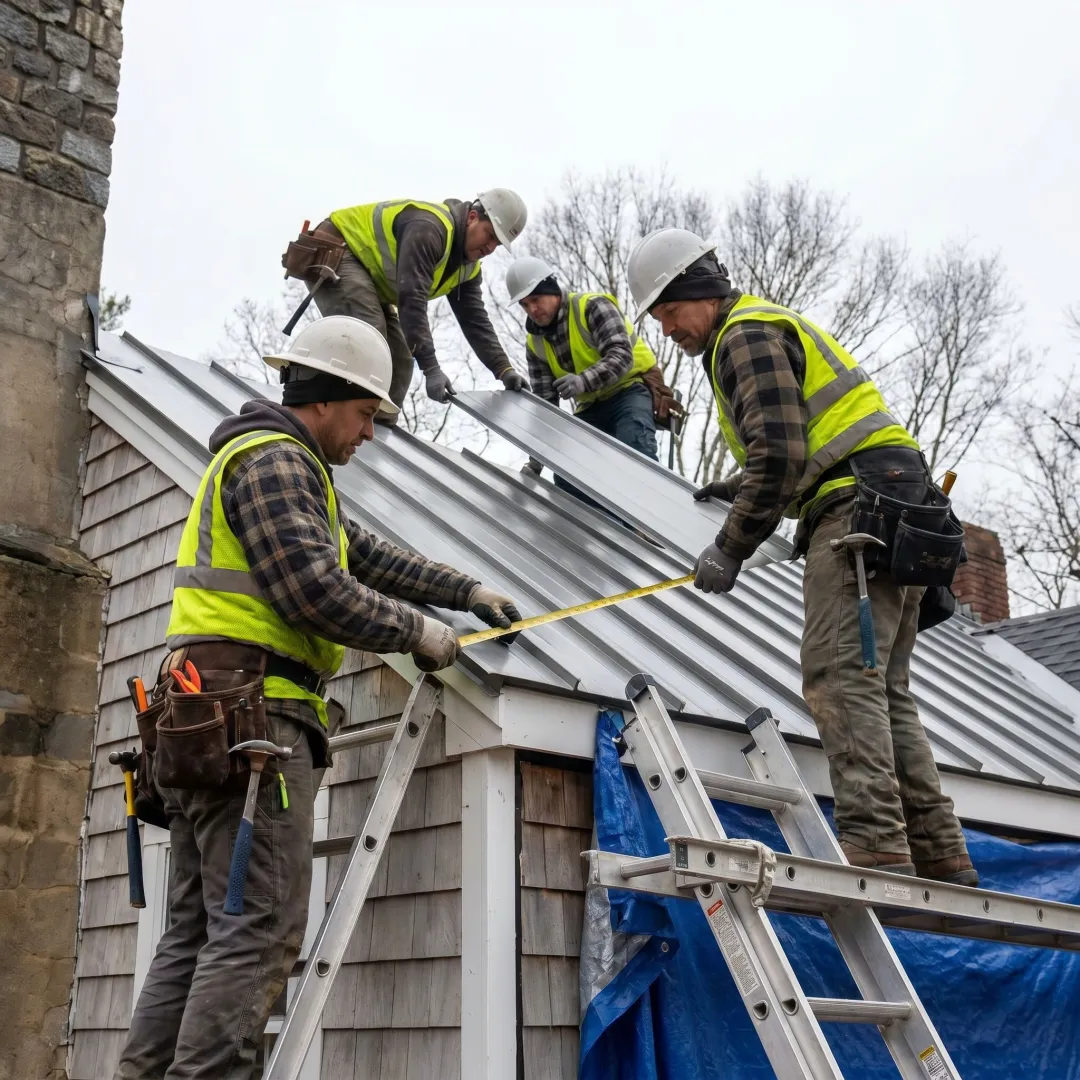 Roofing crew measuring metal panels during a roof project