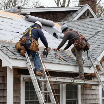 Roofing crew working on a residential home