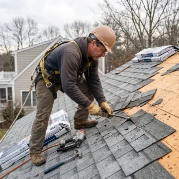 Roofing contractor repairing storm damaged roof