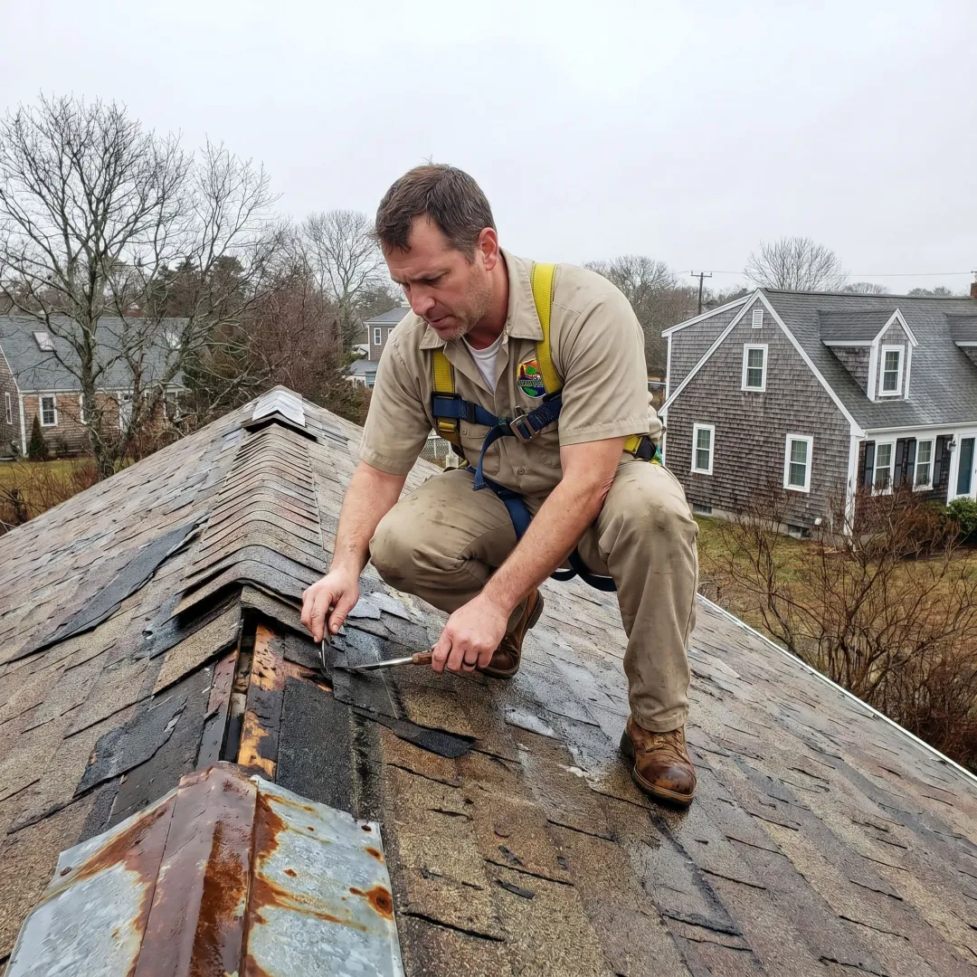 Roofing contractor inspecting storm damage