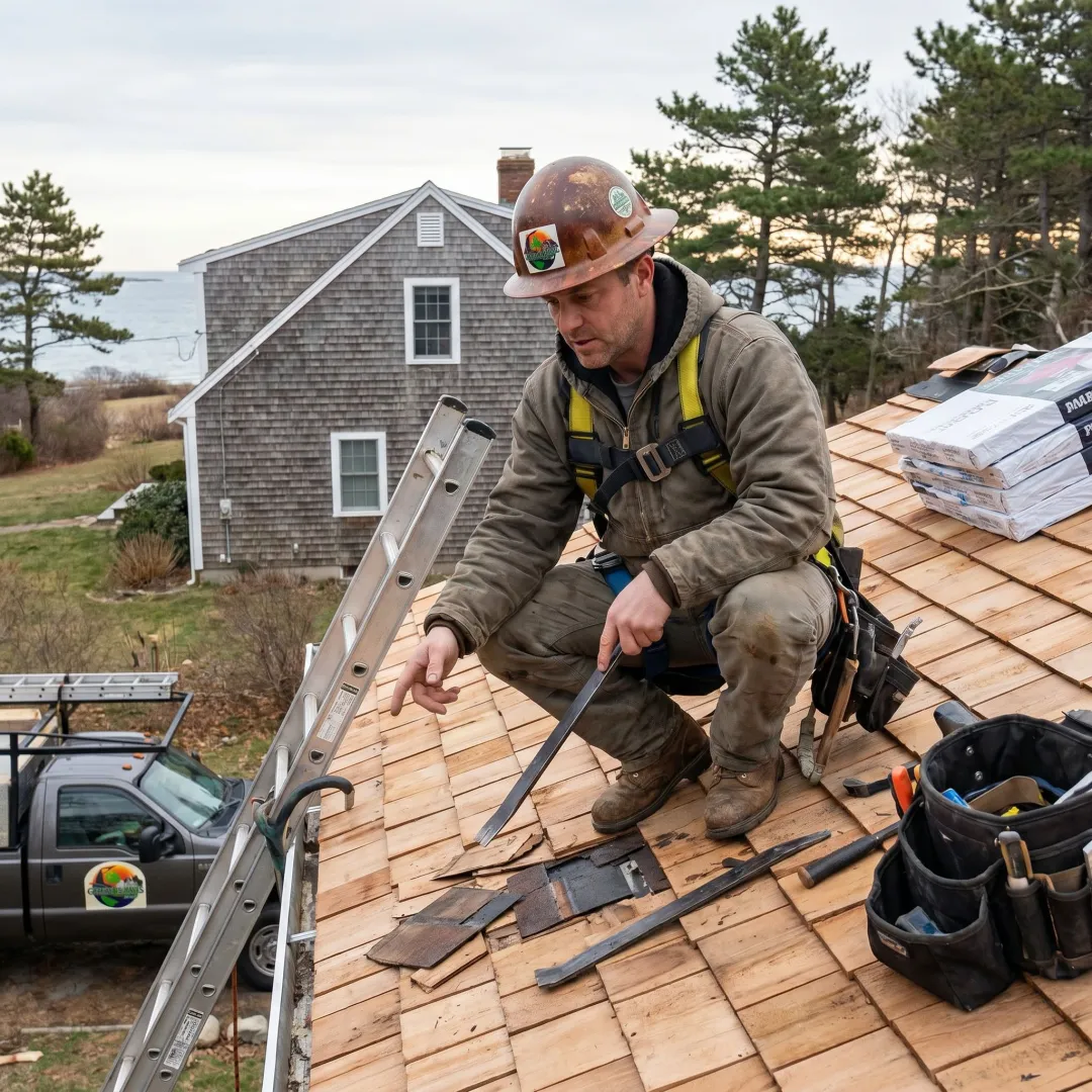Roofing contractor inspecting roof installation