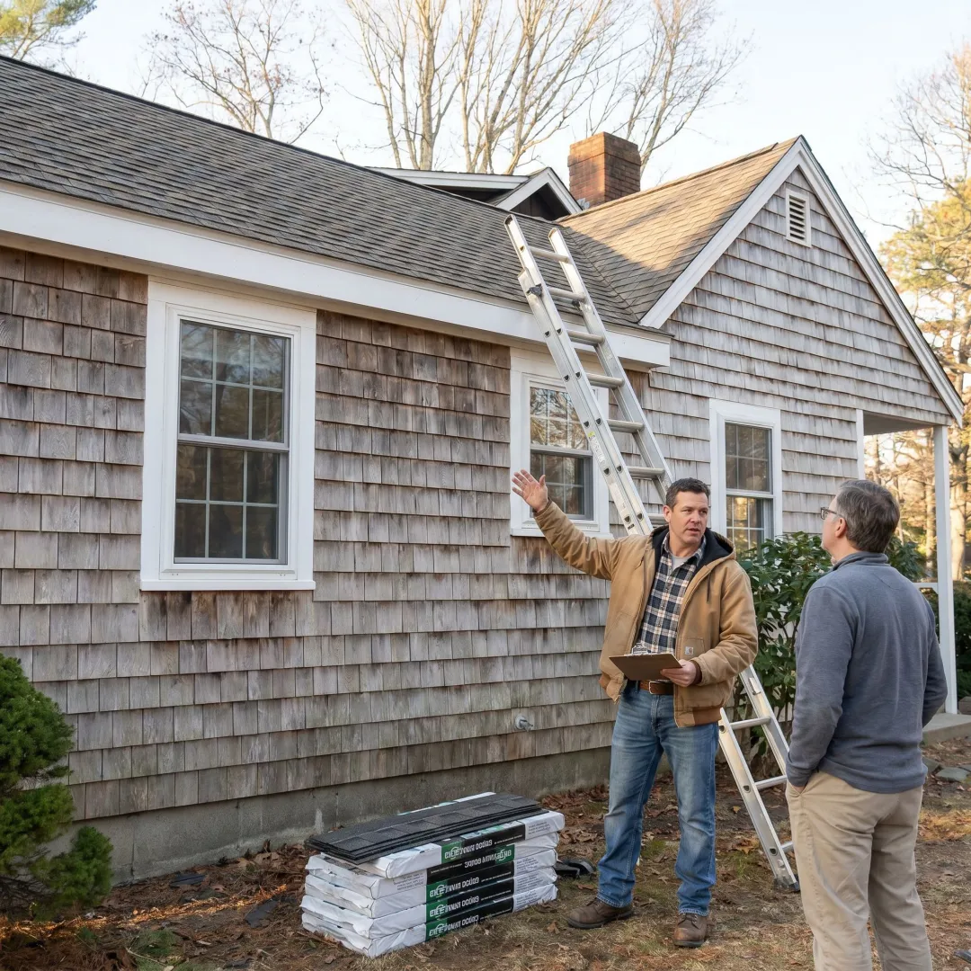 Contractor reviewing roof project plans with homeowner