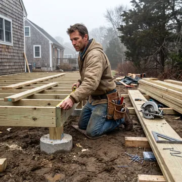 Contractor measuring framing for a wood deck
