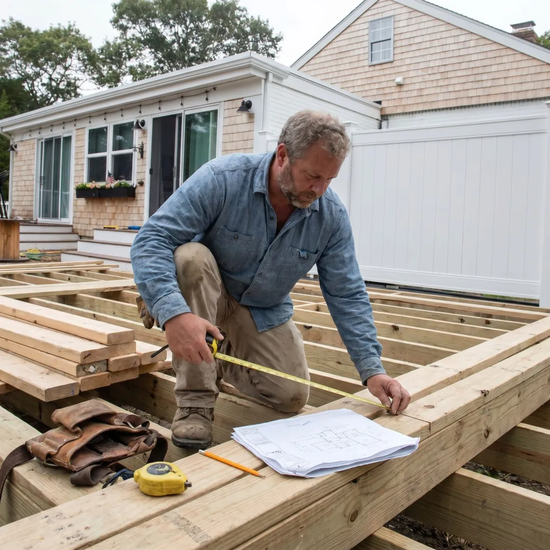 Deck builder reviewing plans on site
