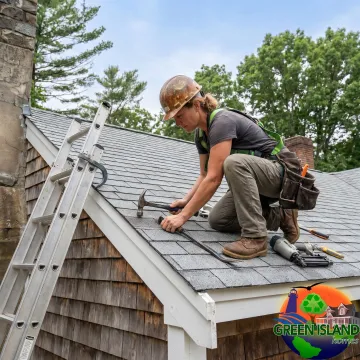 Residential roof repair contractor working on shingles