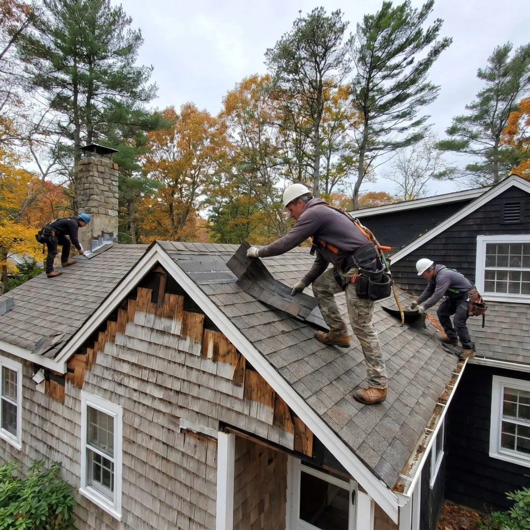 Roofing contractor inspecting a residential roof