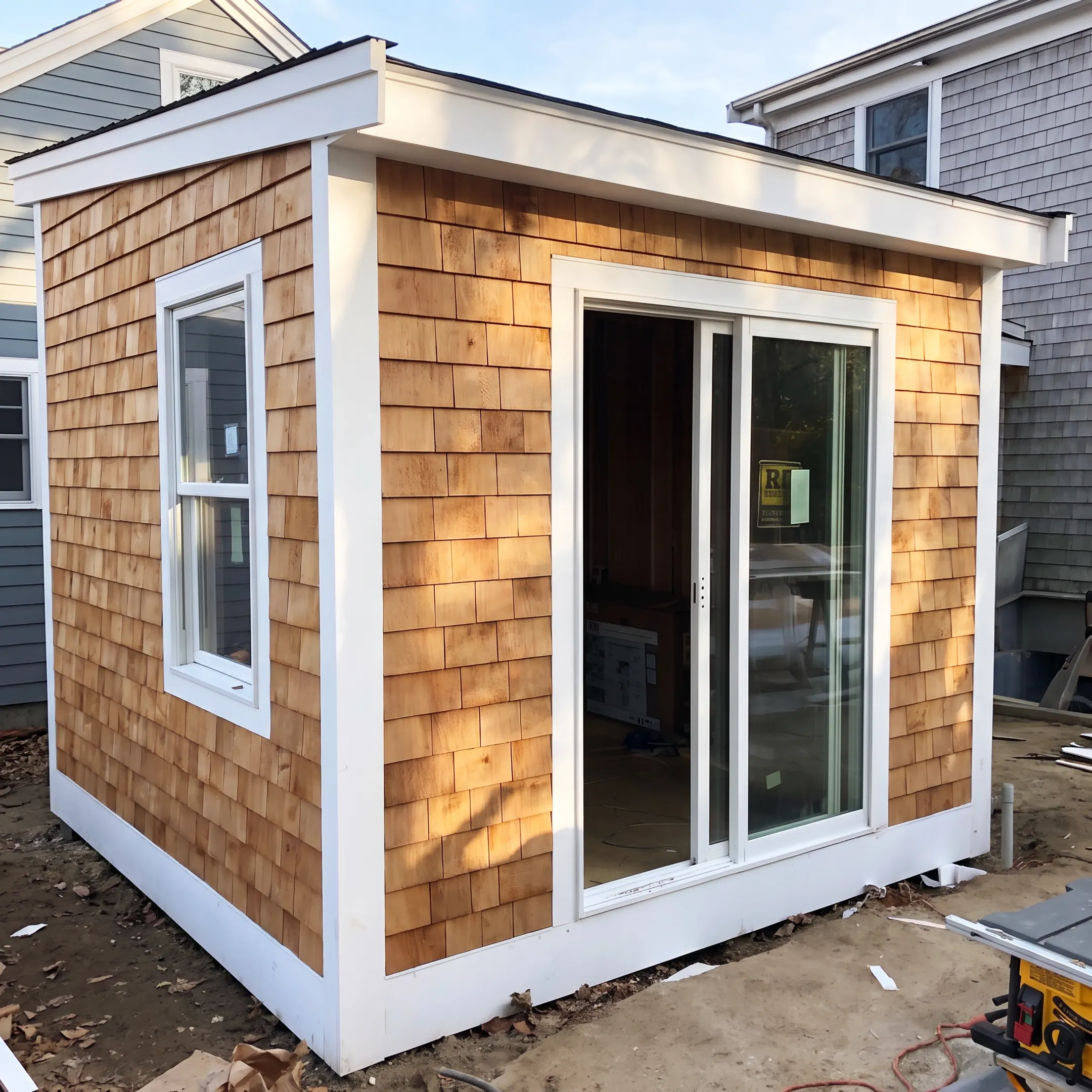 New cedar siding and white trim on home