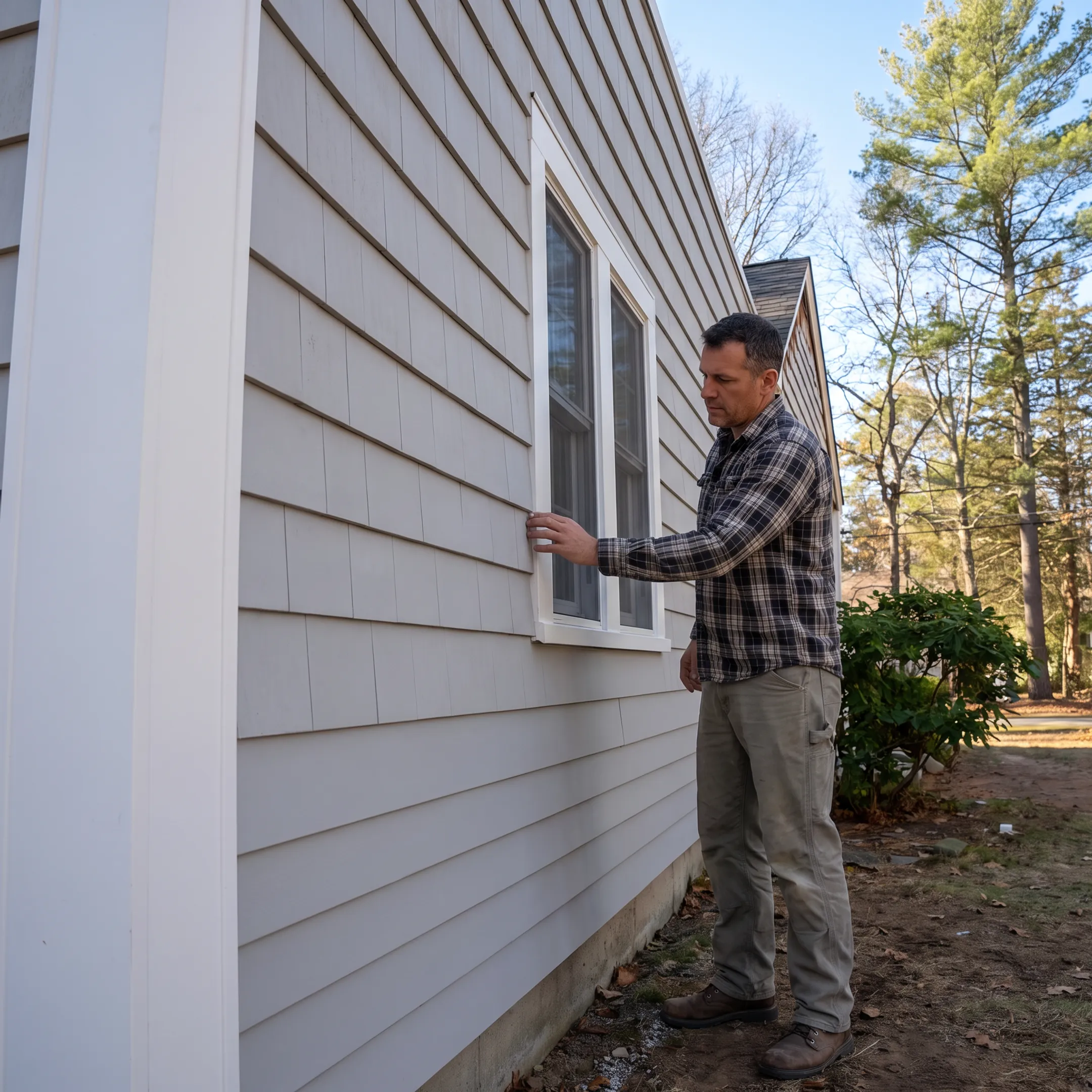 Contractor inspecting exterior siding details