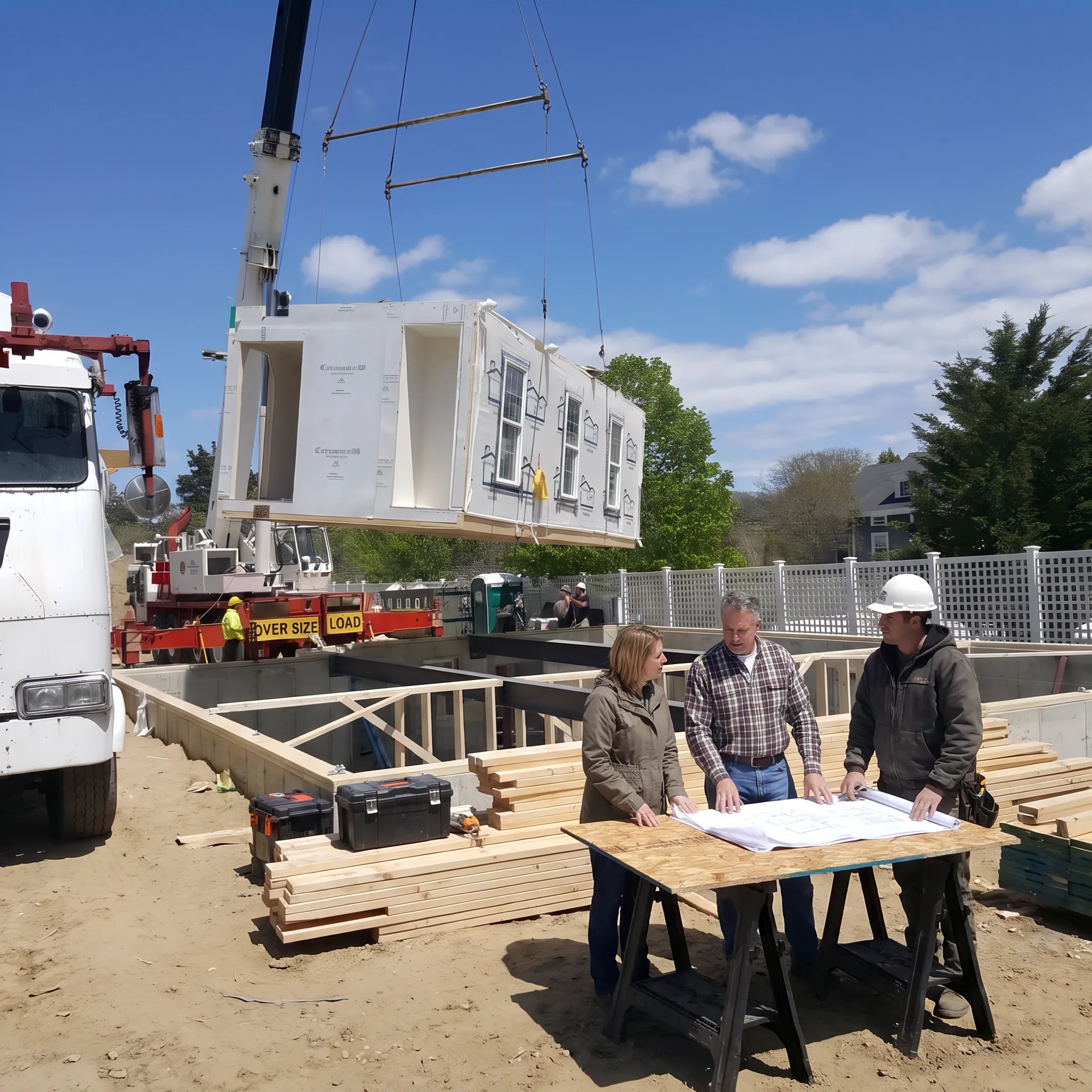 Builder and homeowners reviewing modular home plans