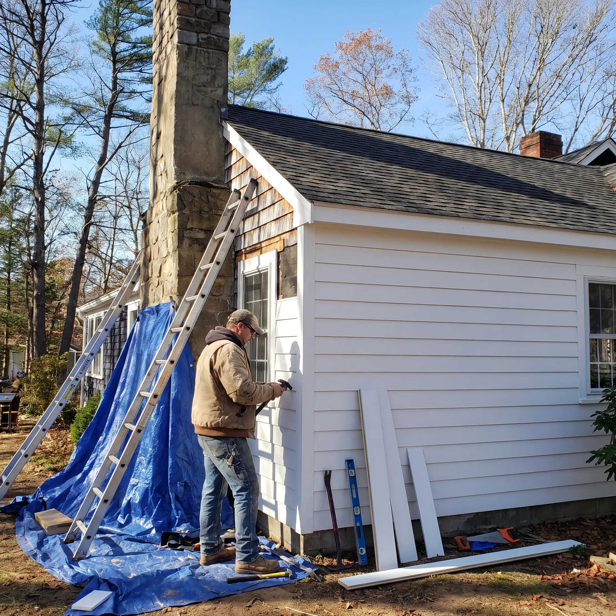 Contractor repairing wood siding on a home