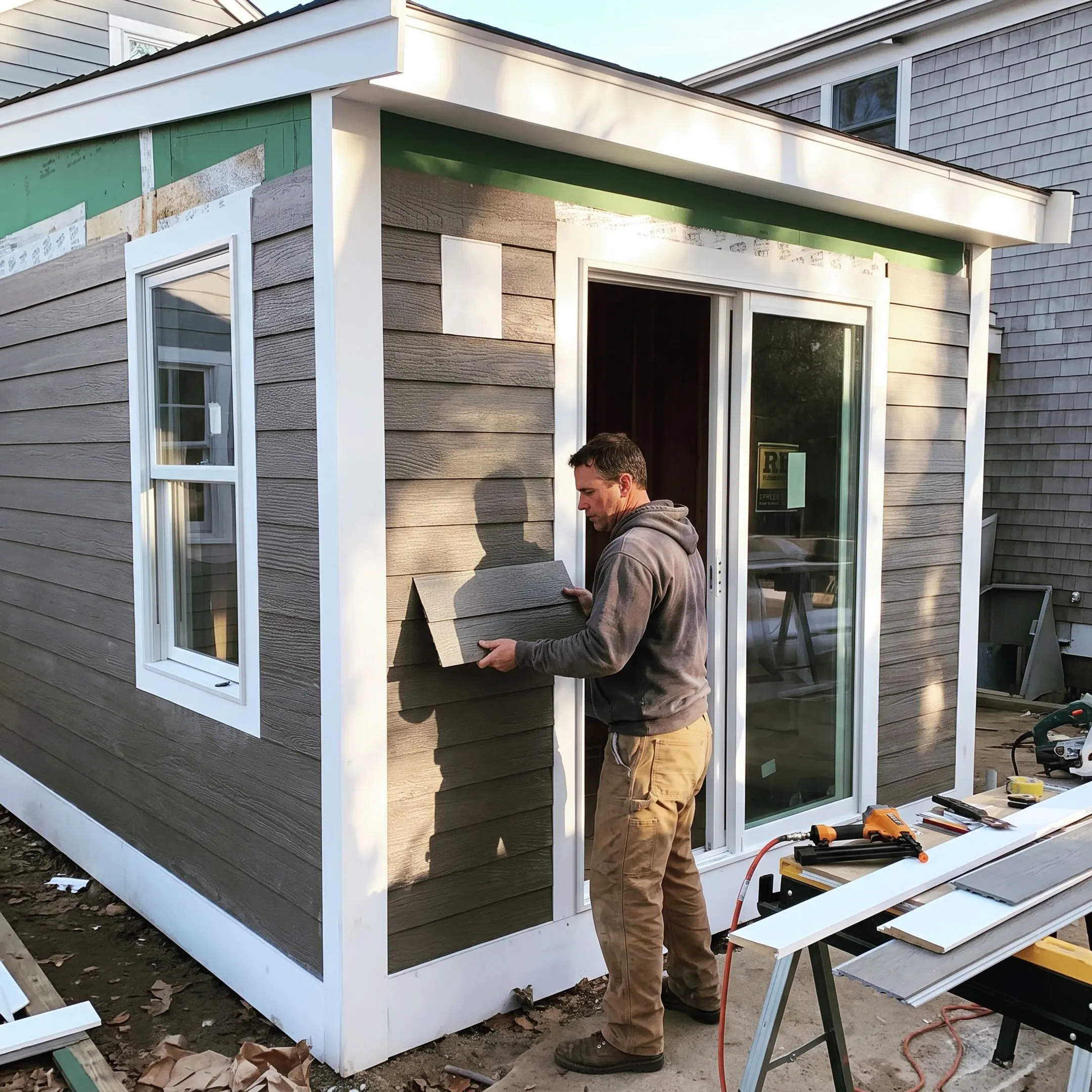 Contractor installing siding on a coastal home