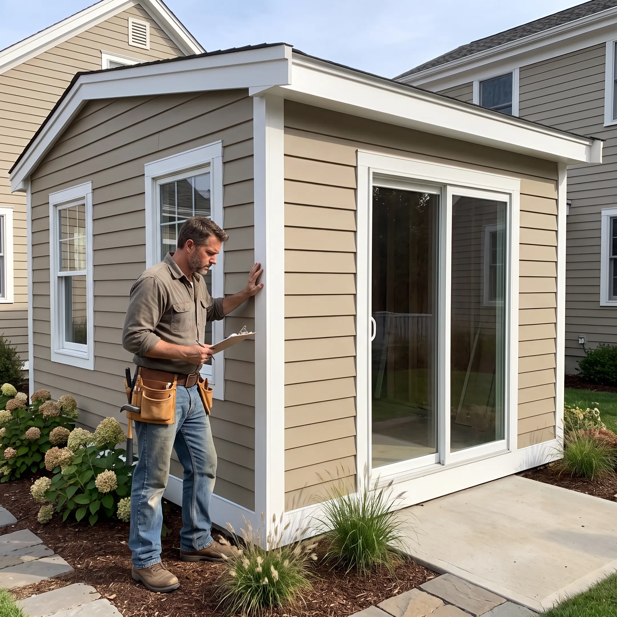 Contractor inspecting residential exterior siding