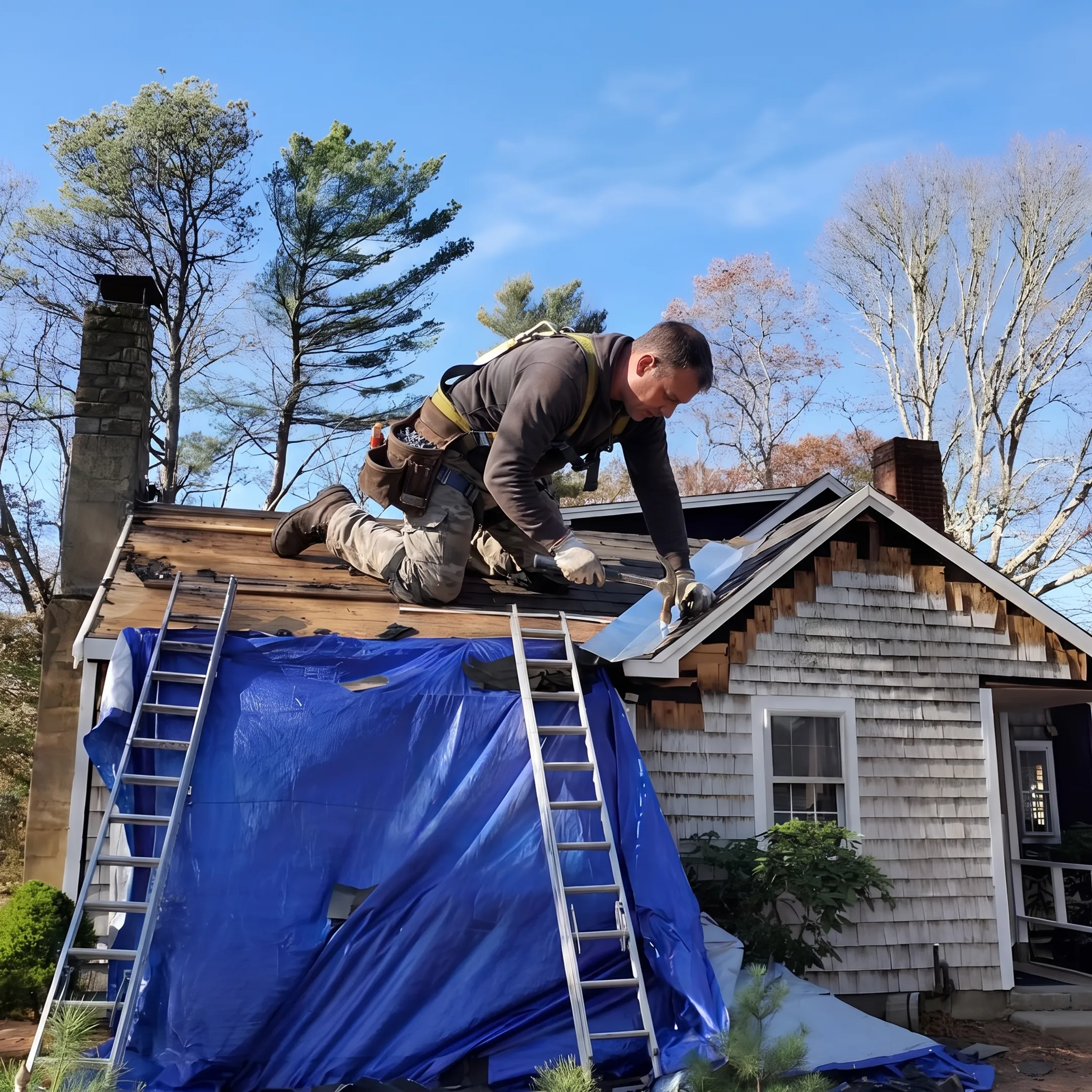 Roofing professional repairing damaged roof flashing