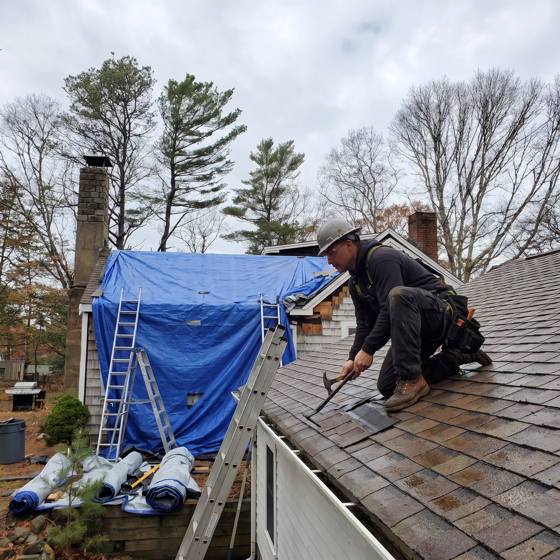 Roofer repairing storm-damaged residential roof