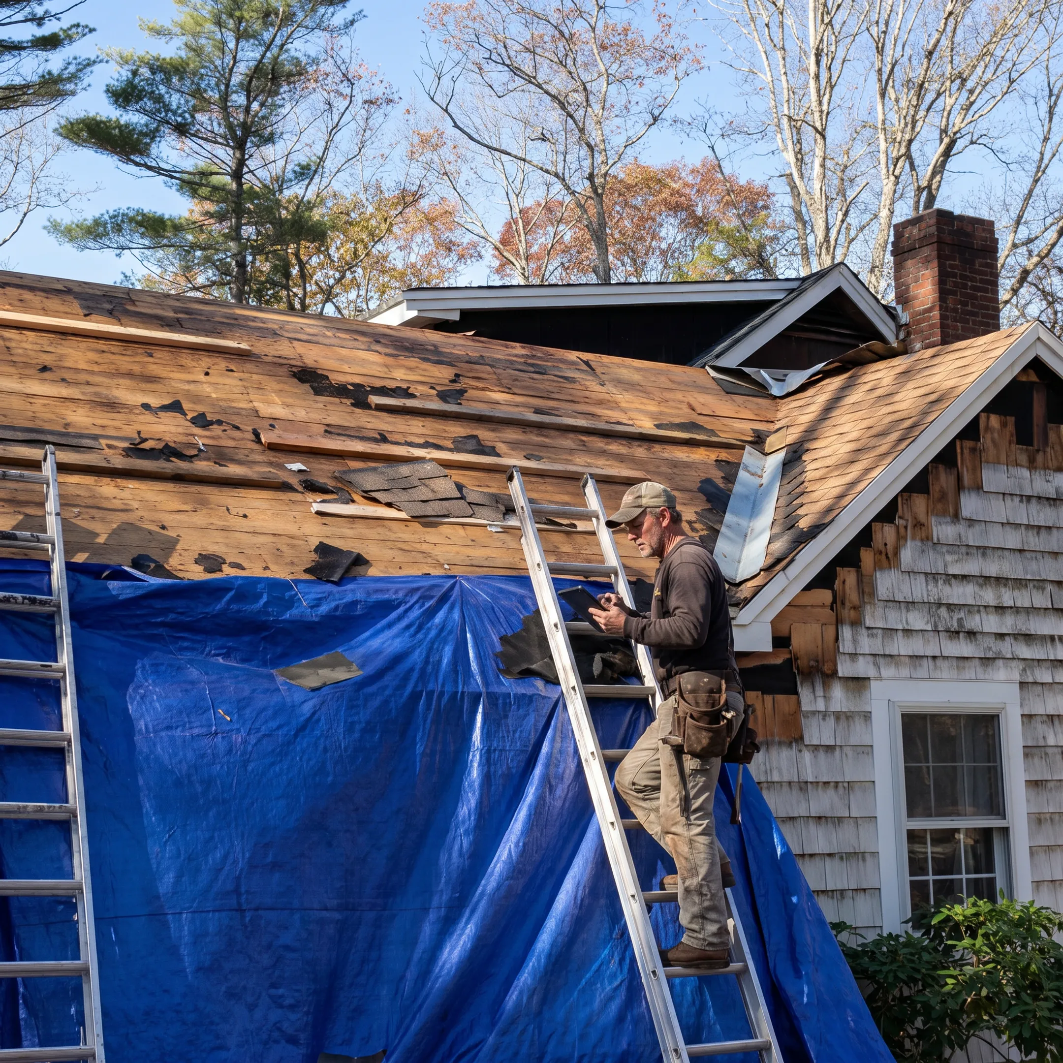 Roofing contractor inspecting damaged shingles