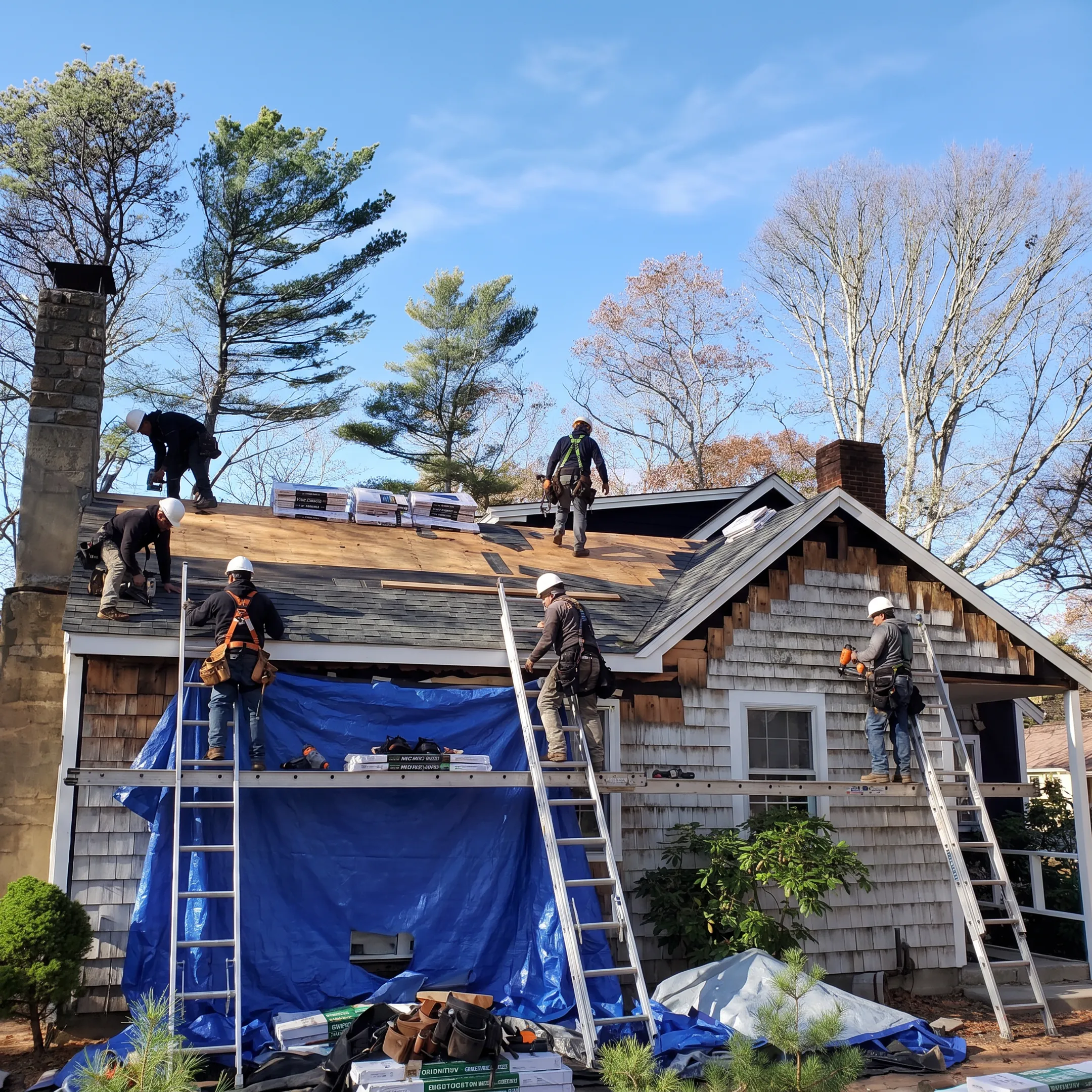 Roofing crew installing shingles