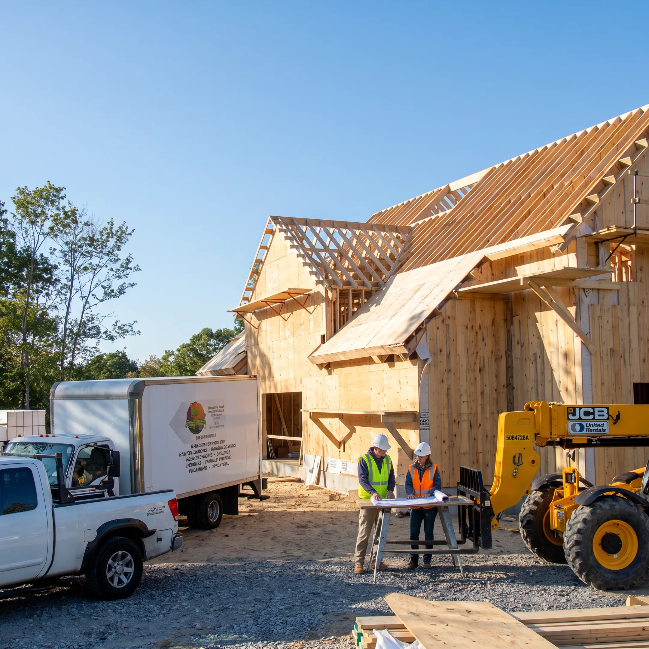 Custom home builders reviewing plans at a jobsite