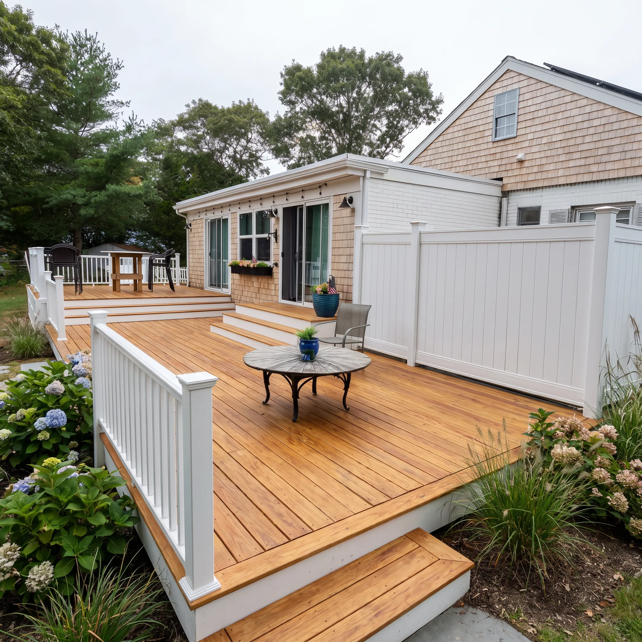 Refinished wood deck at a coastal home