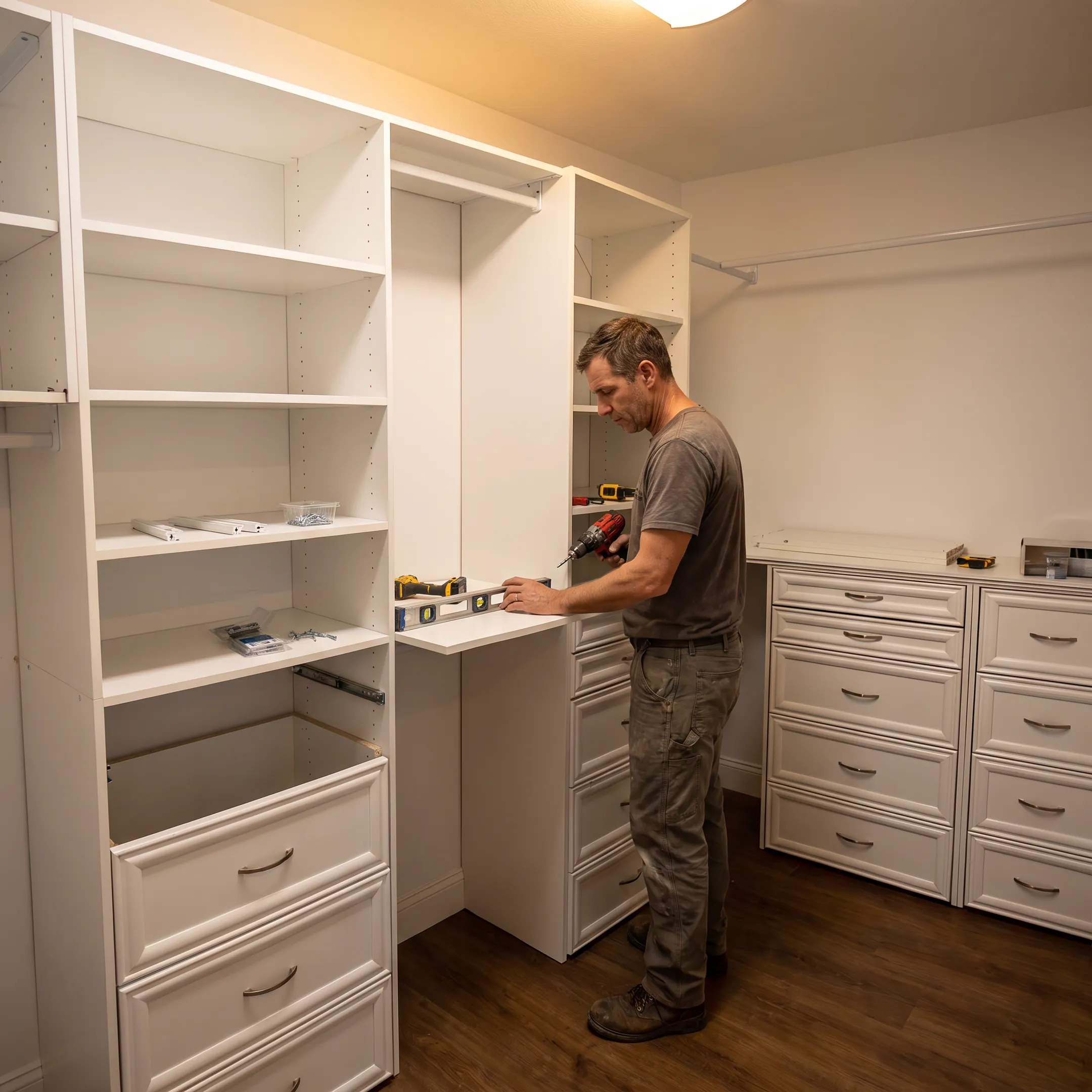 Installer fitting custom closet shelving