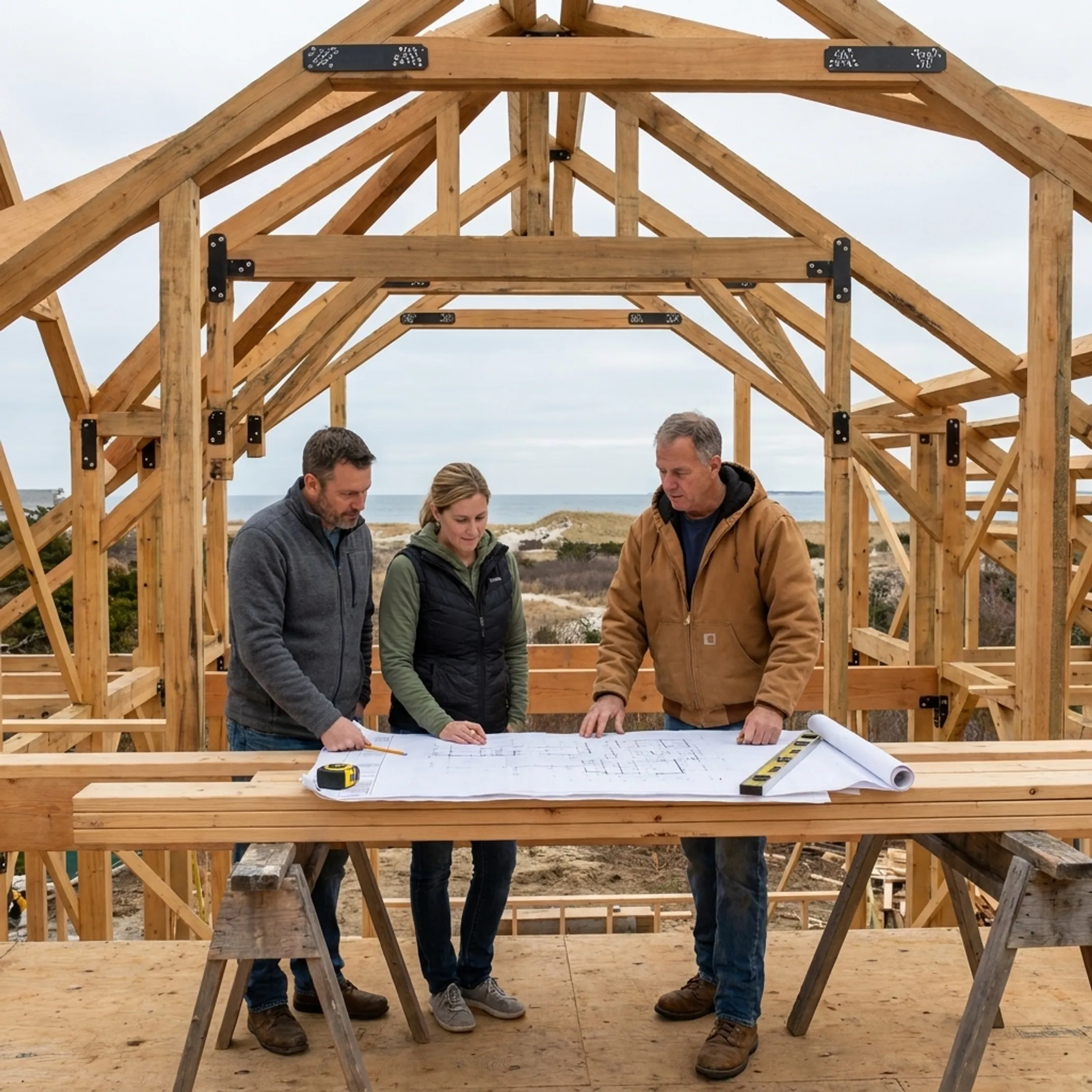 Builder and homeowners reviewing house plans