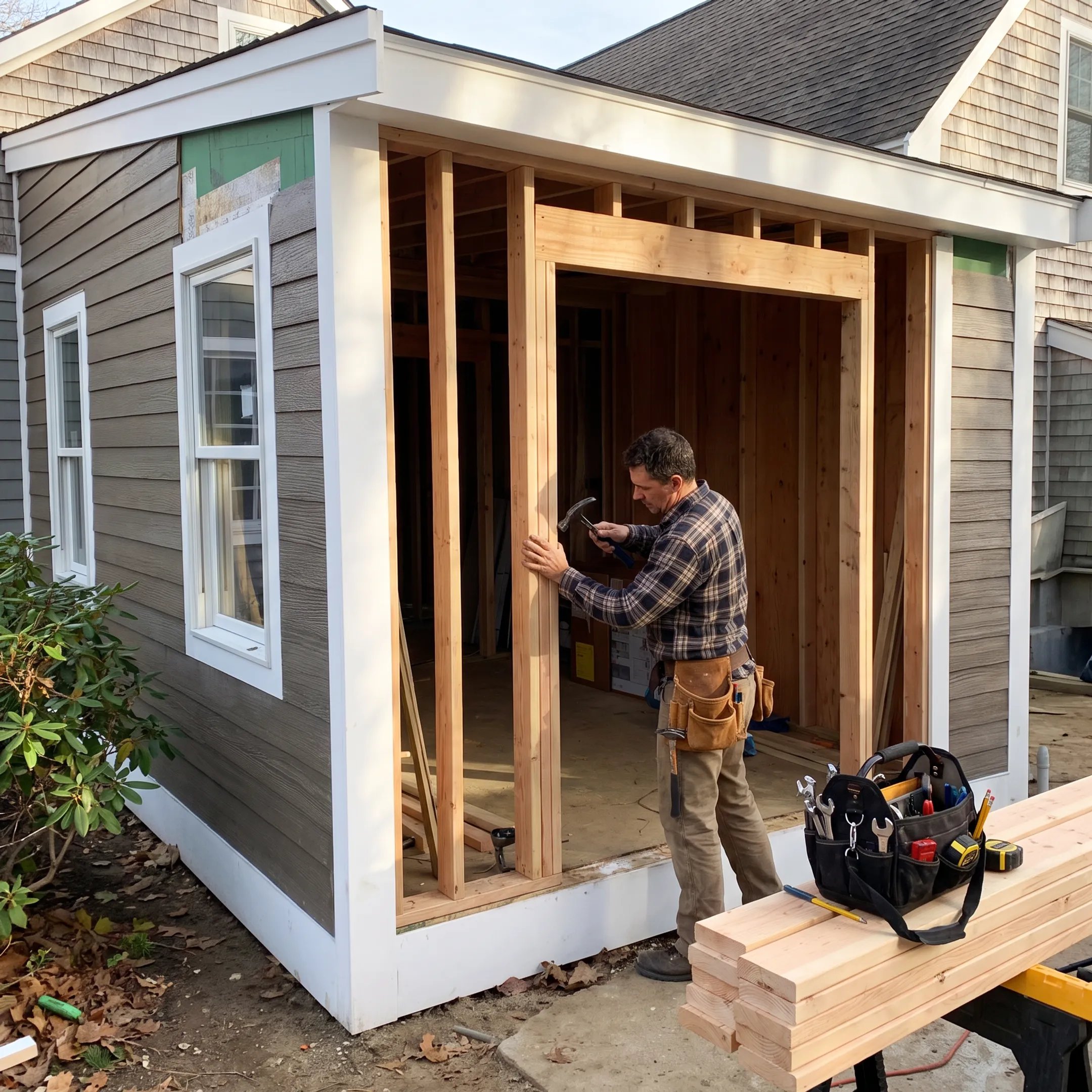 Contractor framing a residential room addition