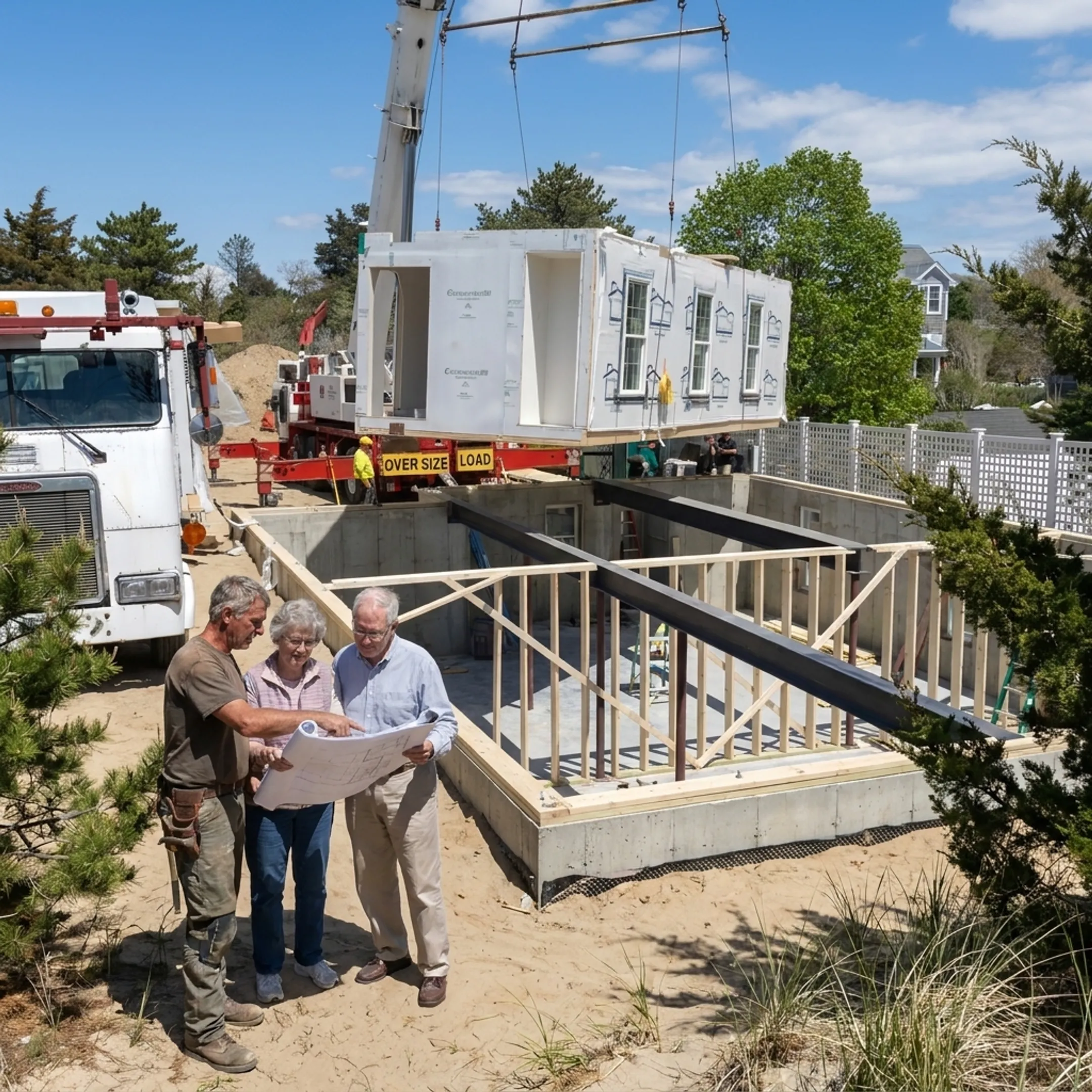 Builder reviewing modular home plans with homeowners