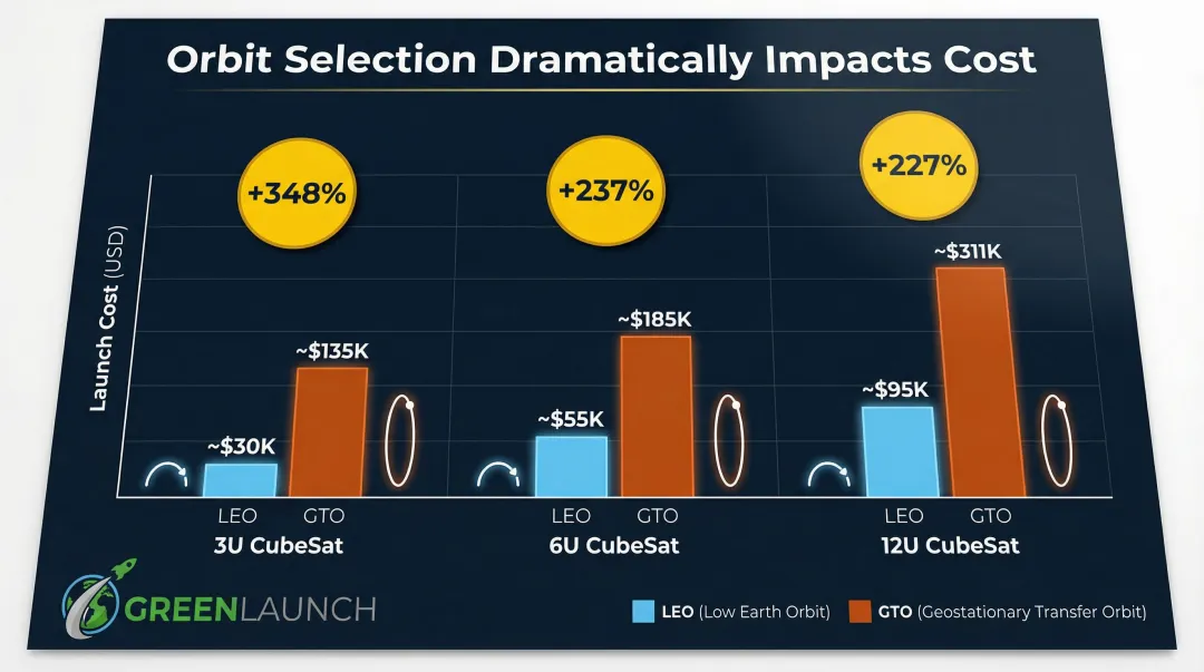 CubeSat orbital cost premium comparison LEO versus GTO pricing table infographic