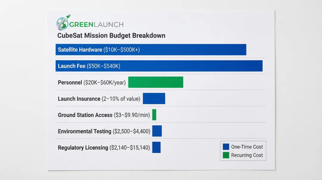 Complete CubeSat mission cost breakdown across seven budget categories infographic