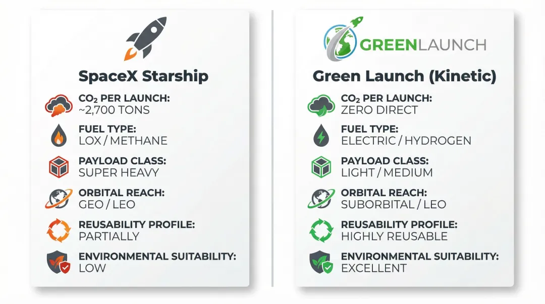 Starship versus kinetic launch side-by-side comparison of key environmental metrics