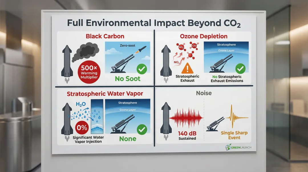 Rocket launch full environmental impact comparison across CO2 ozone water vapor and noise