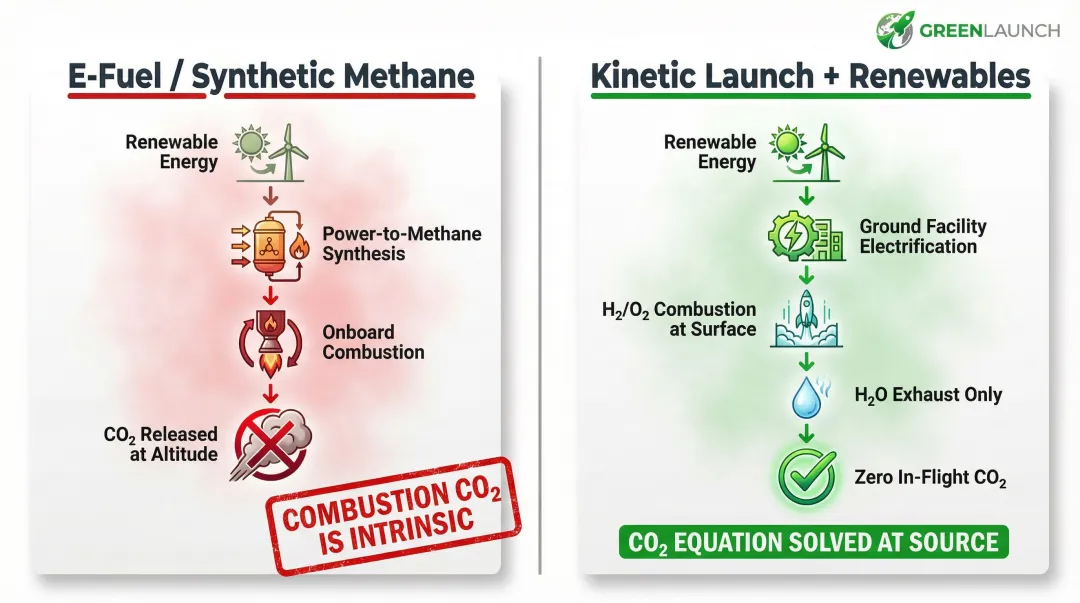 E-fuel carbon paradox versus kinetic launch zero-emission ground energy pathway comparison