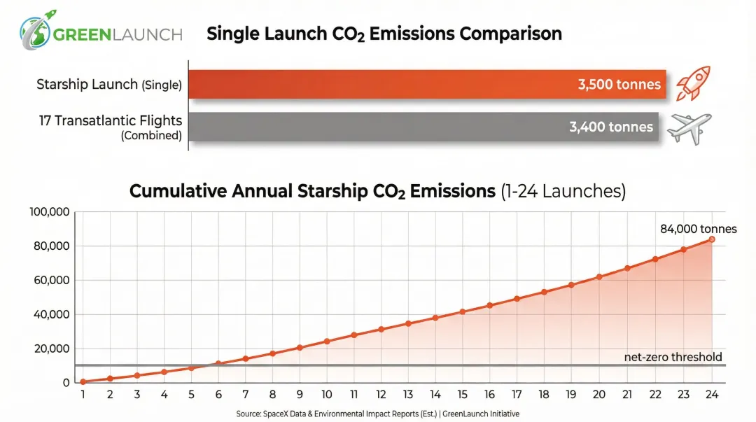 Starship CO2 emissions per launch compared to transatlantic flights and annual totals