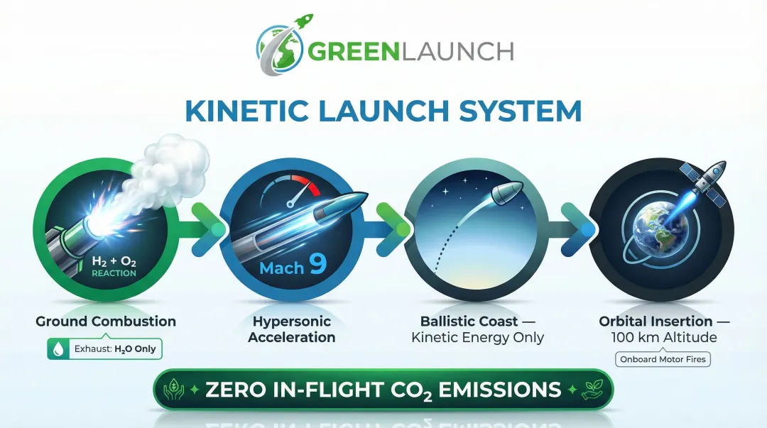 Kinetic launch system process flow from ground acceleration to orbital insertion