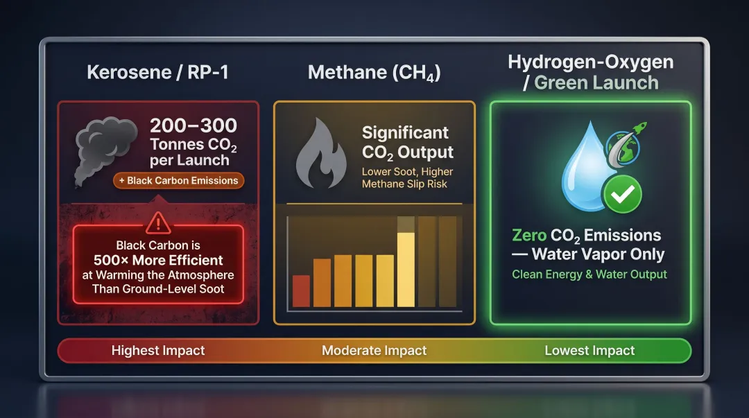 Rocket propellant carbon emissions comparison hydrogen oxygen versus kerosene methane solid fuel environmental impact