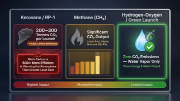 Rocket propellant carbon emissions comparison hydrogen oxygen versus kerosene methane solid fuel environmental impact