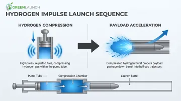 Green Launch two-stage hydrogen impulse launcher firing sequence process flow diagram