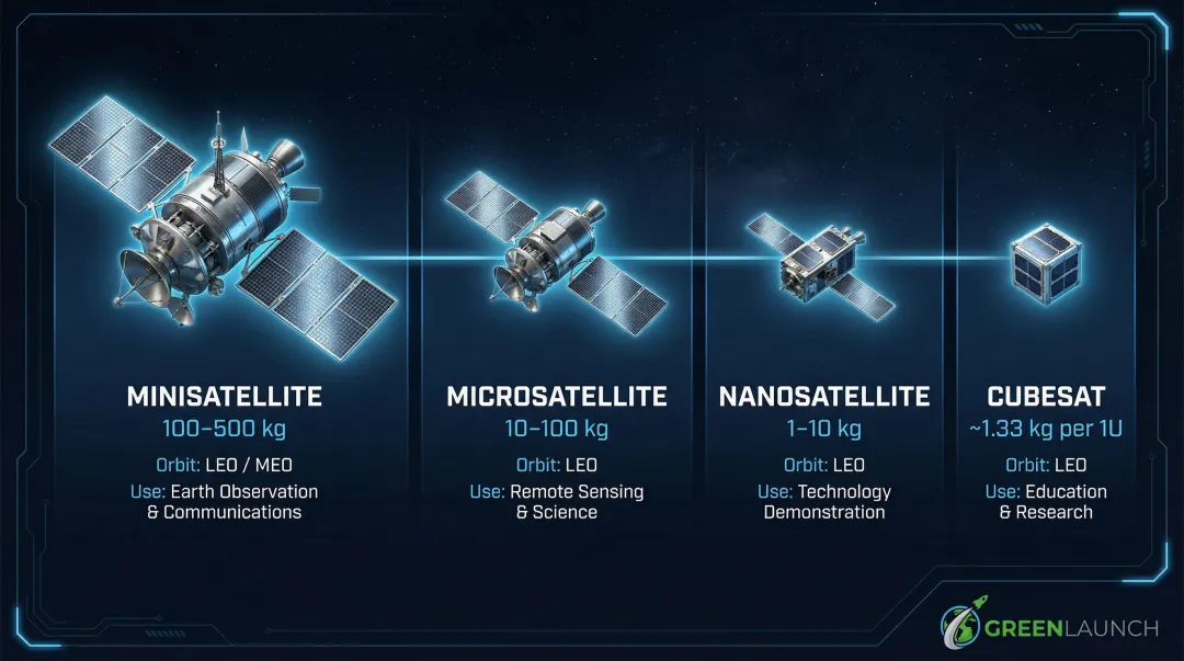 Small satellite classification chart by mass range orbit and use case
