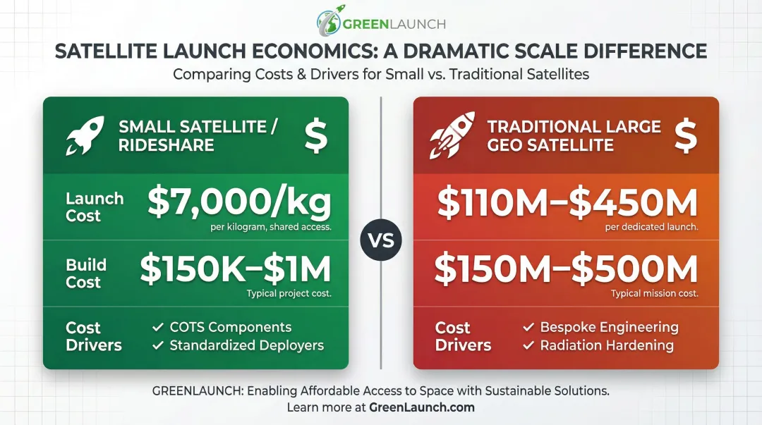 Small satellite versus traditional GEO satellite cost comparison infographic breakdown