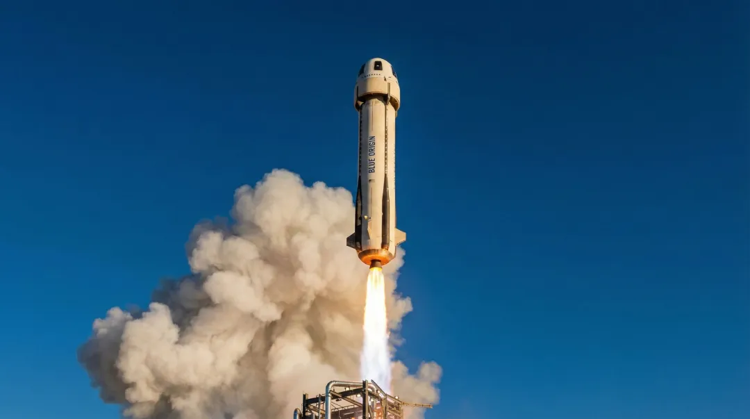 Blue Origin New Shepard rocket launching with crew capsule for commercial spaceflight