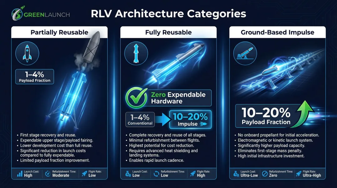 Three reusable launch vehicle architecture types side-by-side comparison infographic