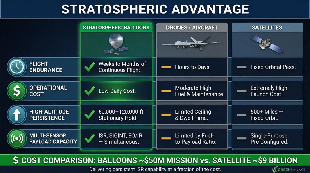 Stratospheric balloons versus drones satellites defense mission advantages comparison chart