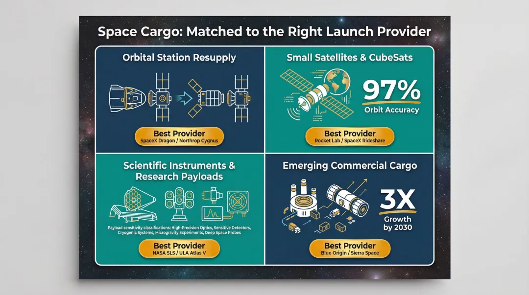 Four types of space cargo categories with launch provider matching guide infographic