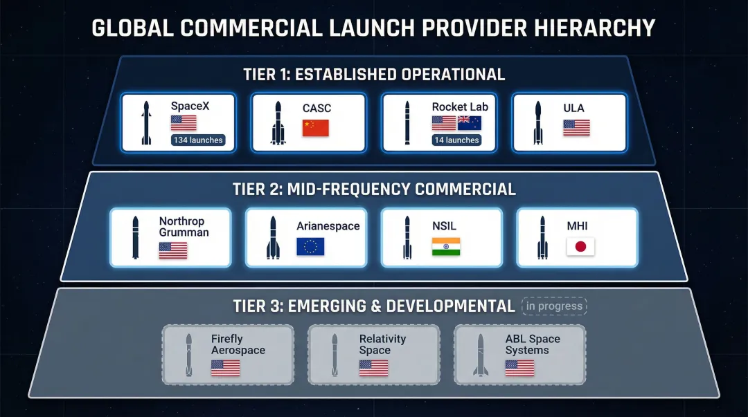 Three-tier commercial space launch provider hierarchy with key companies and launch counts