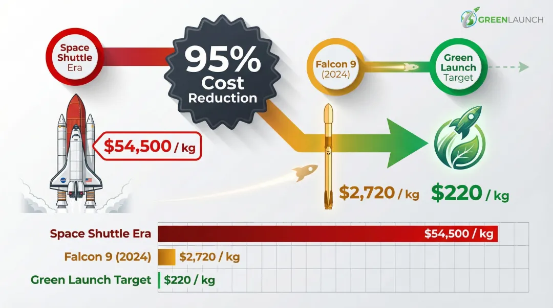 Space launch cost reduction timeline from Space Shuttle to Falcon 9 showing 95 percent decrease