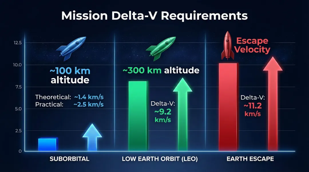Delta-v comparison chart suborbital low Earth orbit and escape velocity requirements